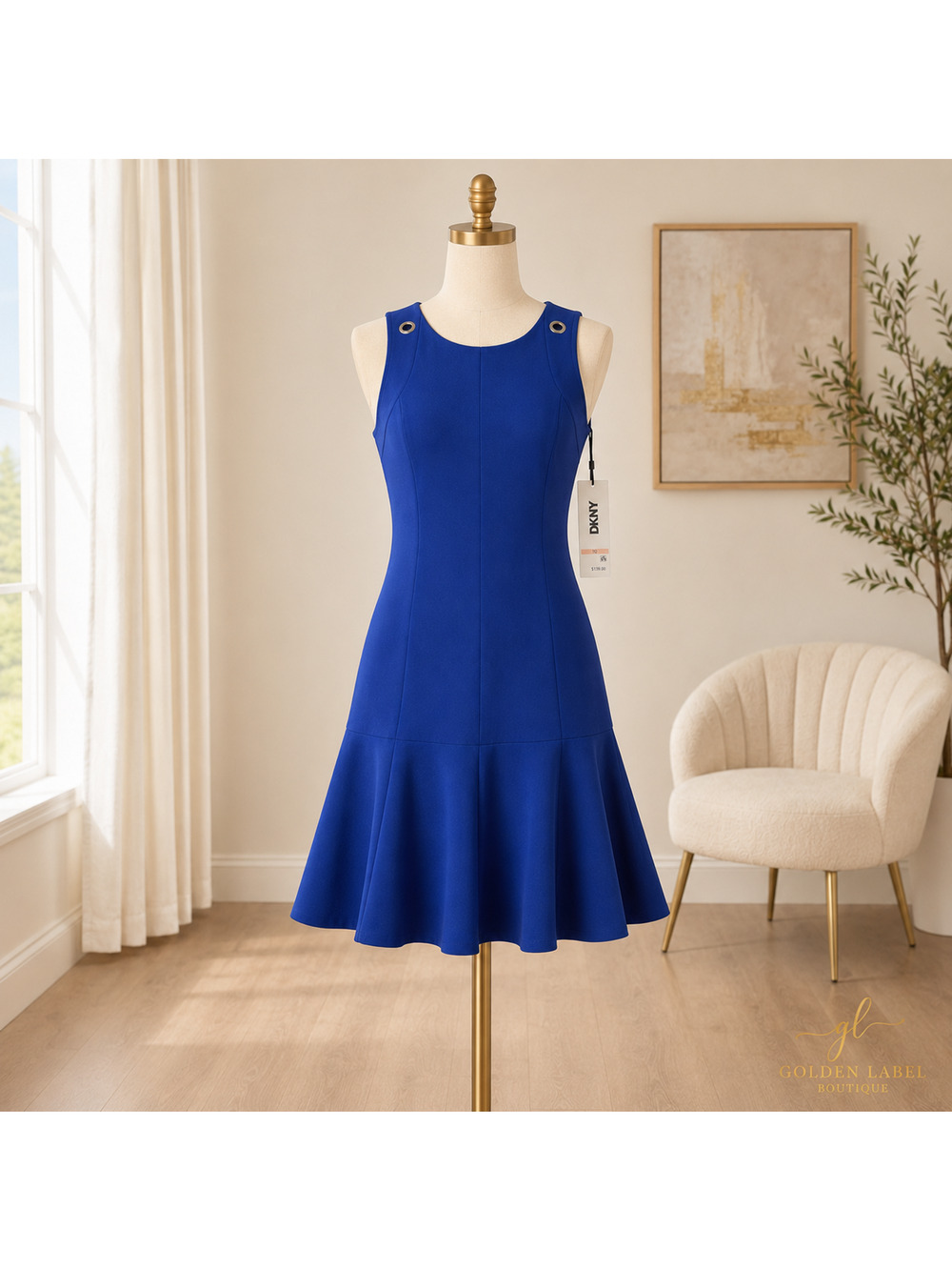 DKNY Fit & Flare Dress Womens 10 Royal Blue Grommet Shoulder Sleeveless NWT